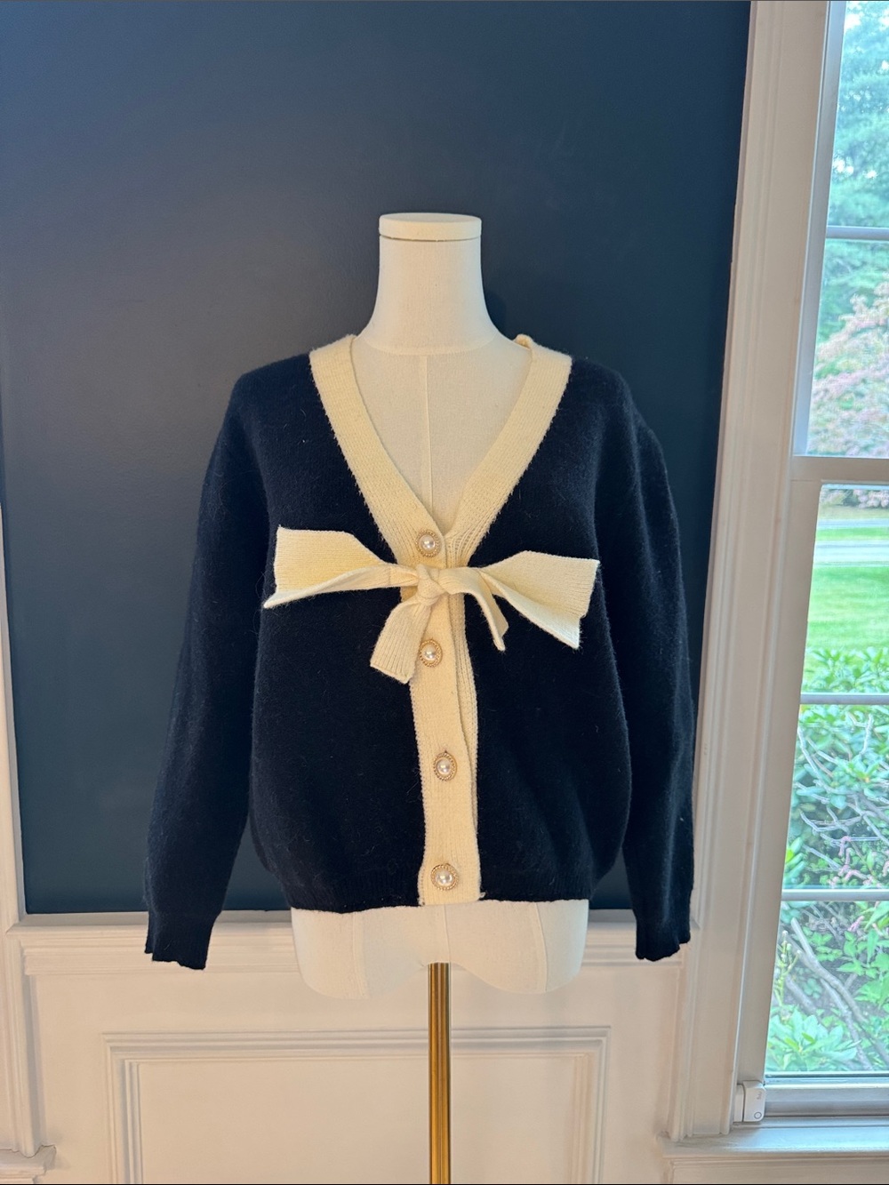 Stellah Cream-Trim Black Bow Cardigan Sweater NWT
